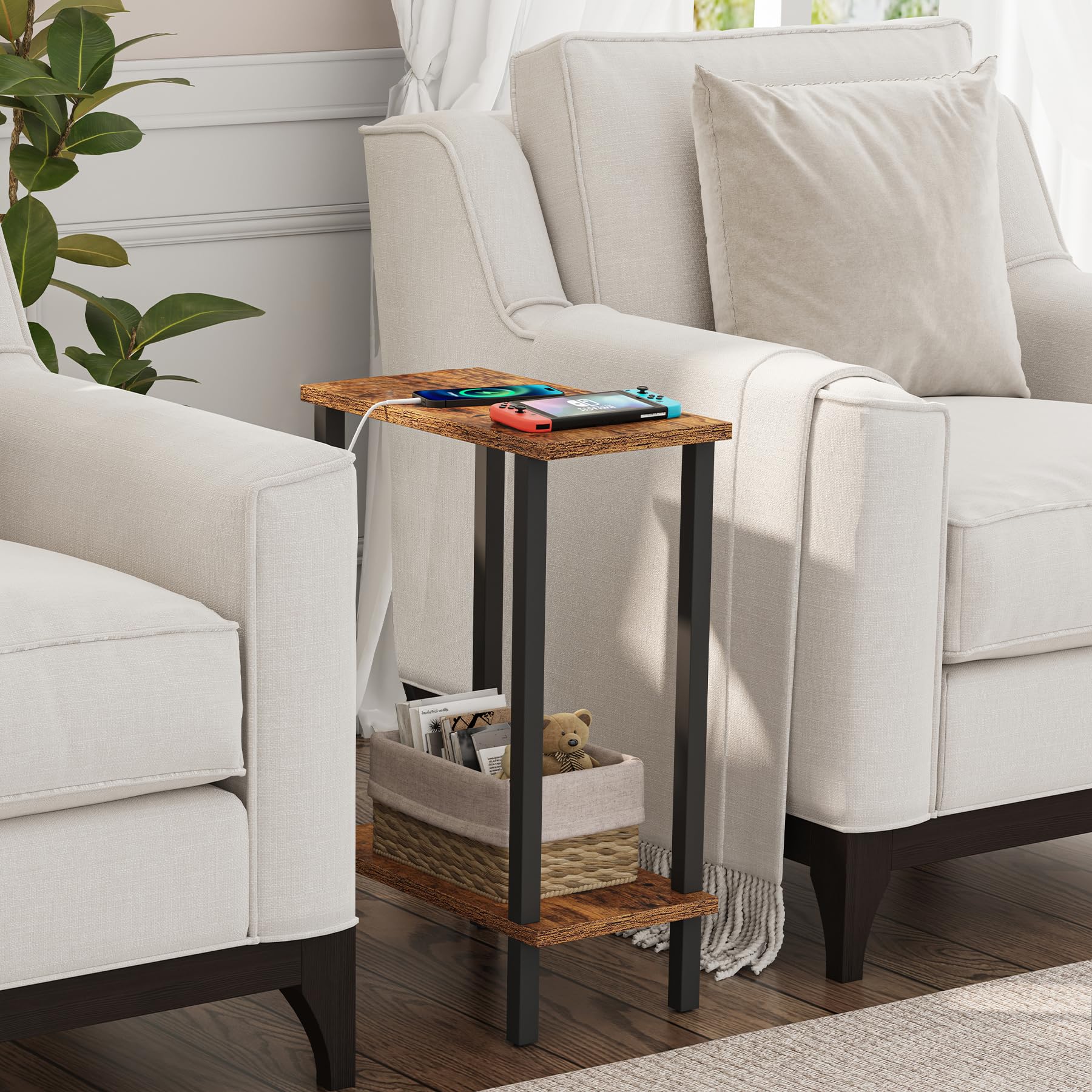 TUTOTAK Small Side Table, Narrow End Table, Set of 2, Skinny Sofa Table, Slim Nightstand, Living Room, Bed Room, Brown TB01BB0622EU