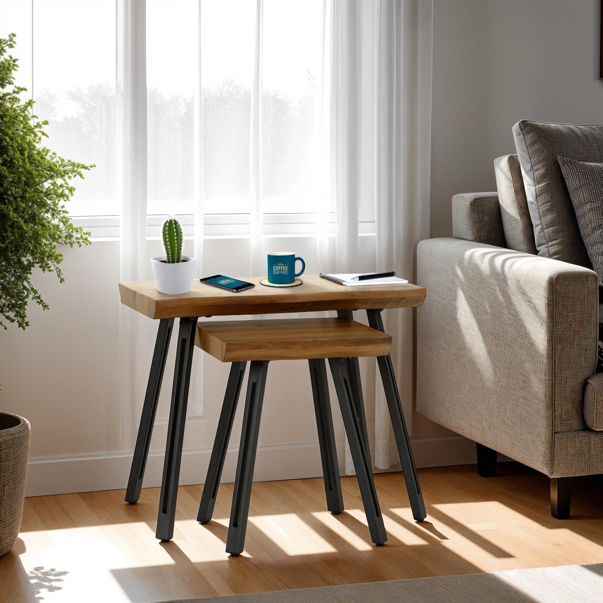 Seconique Quebec Wave Edge Nest Of Tables in Medium Oak Effect