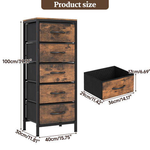 Suuiwau Tall Chest of Drawers, 5 Fabric Drawer Storage Unit with Wood Top