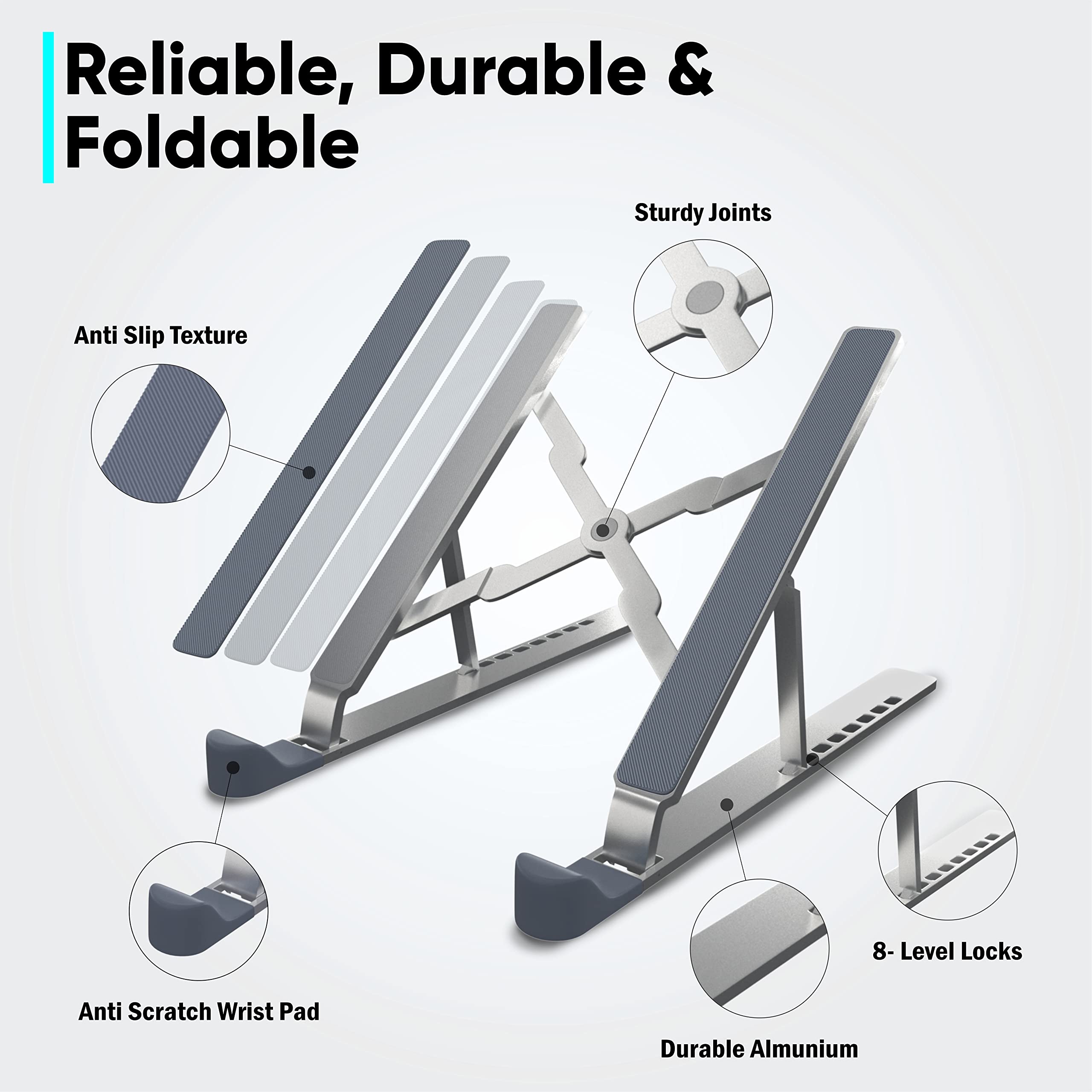 TechShak Adjustable Laptop Riser for Desk - Aluminum Ergonomic Computer Stand for Home Office, Ventilated Macbook Stand & Holder for Lenovo, Dell, HP