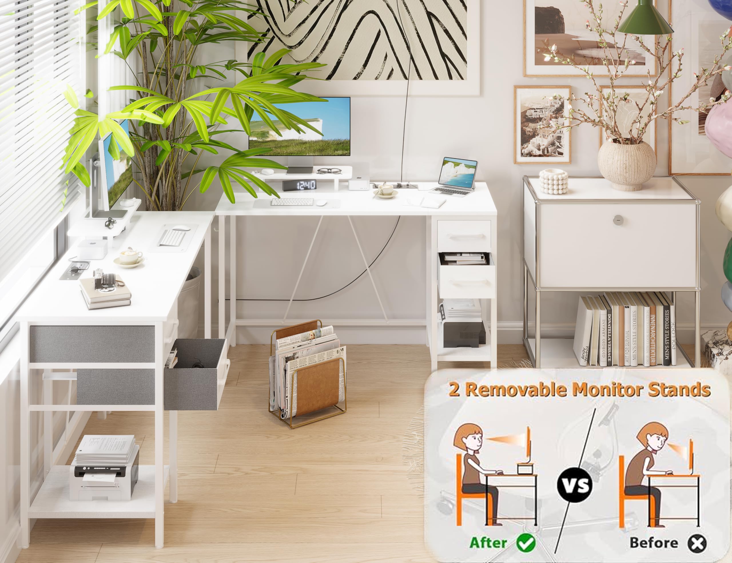 Xyphren 100cm Computer Desk with Drawers & Power Outlets, Office Desk with Storage Monitor Stand, Reversible Small Desks for Home Office Bedroom