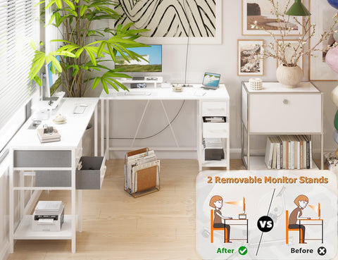 Xyphren 100cm Computer Desk with Drawers & Power Outlets, Office Desk with Storage Monitor Stand, Reversible Small Desks for Home Office Bedroom