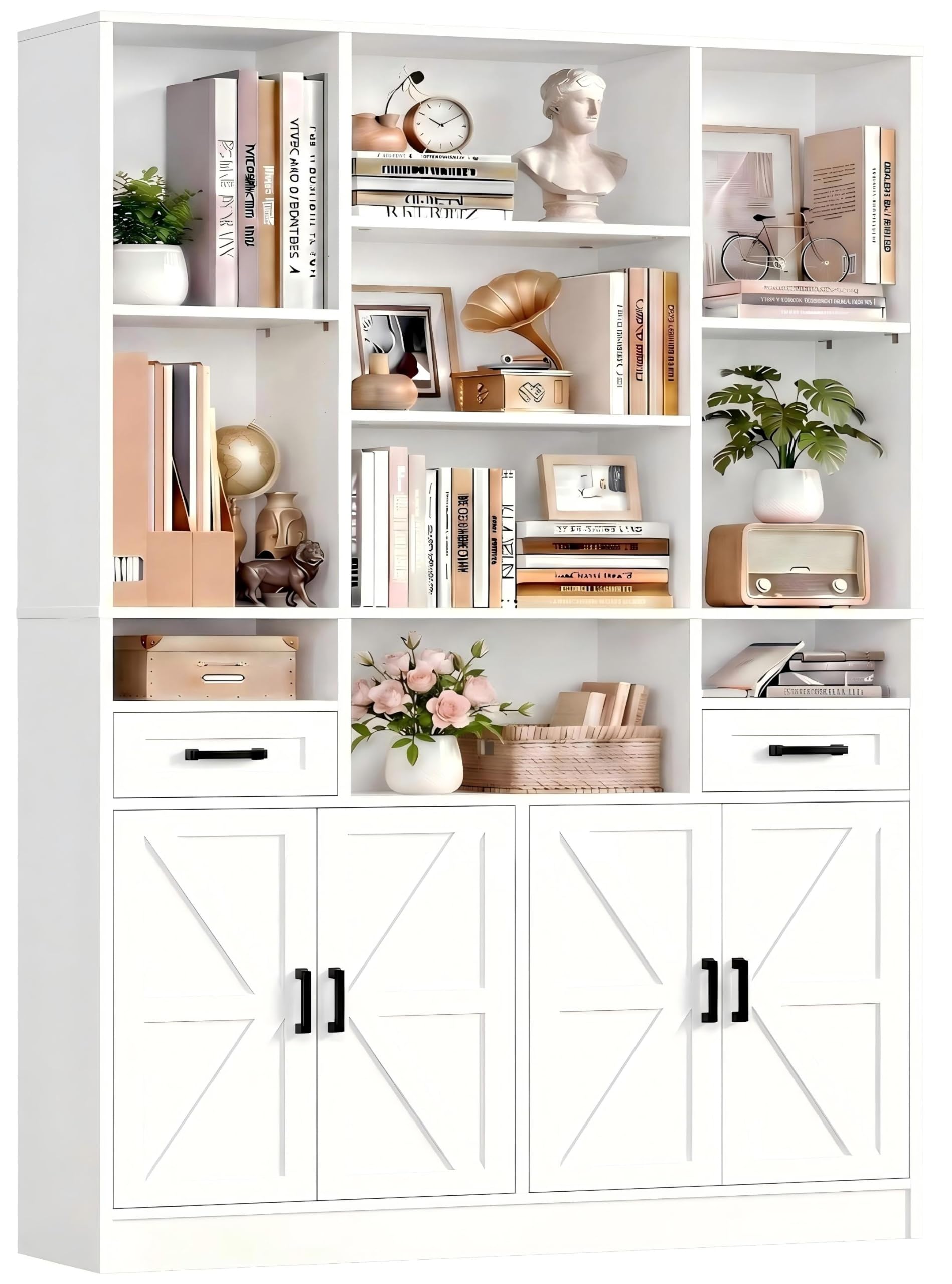 IRONCK Bookcase Bookshelf with Doors & Drawers 190cm Tall Living Room Bookcases,10 Multi-Size Open Compartments, Free Standing Display Shelf
