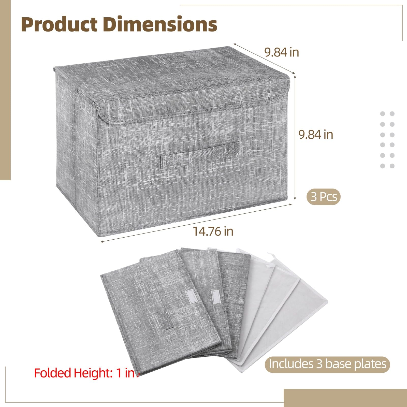 3 Pcs Non-woven Fabric Storage Boxes with Touch Fastener Lids and Handles, 15 x 9.8 x 9.8 in Gray Collapsible Wardrobe Organizers