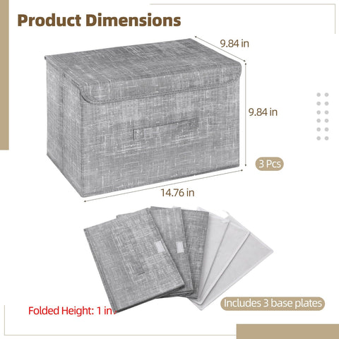 3 Pcs Non-woven Fabric Storage Boxes with Touch Fastener Lids and Handles, 15 x 9.8 x 9.8 in Gray Collapsible Wardrobe Organizers