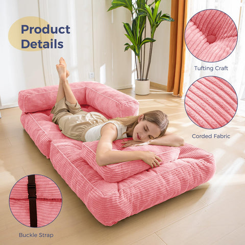 MAXYOYO Foldable Sofa Bed,Bean Bag Couch Convertible Sleeper Chair with Armrest L-Shaped Floor Lounge Sofa with Pillow Portable Lounge Seat for