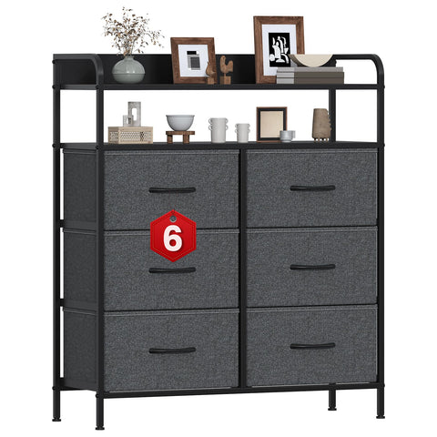 GoaHi Chest of Drawers, Dresser for Bedroom with 6 Fabric Drawers, Tall Storage Organizer Unit with 2 Layers Shelf for Bedrooms,Living Rooms