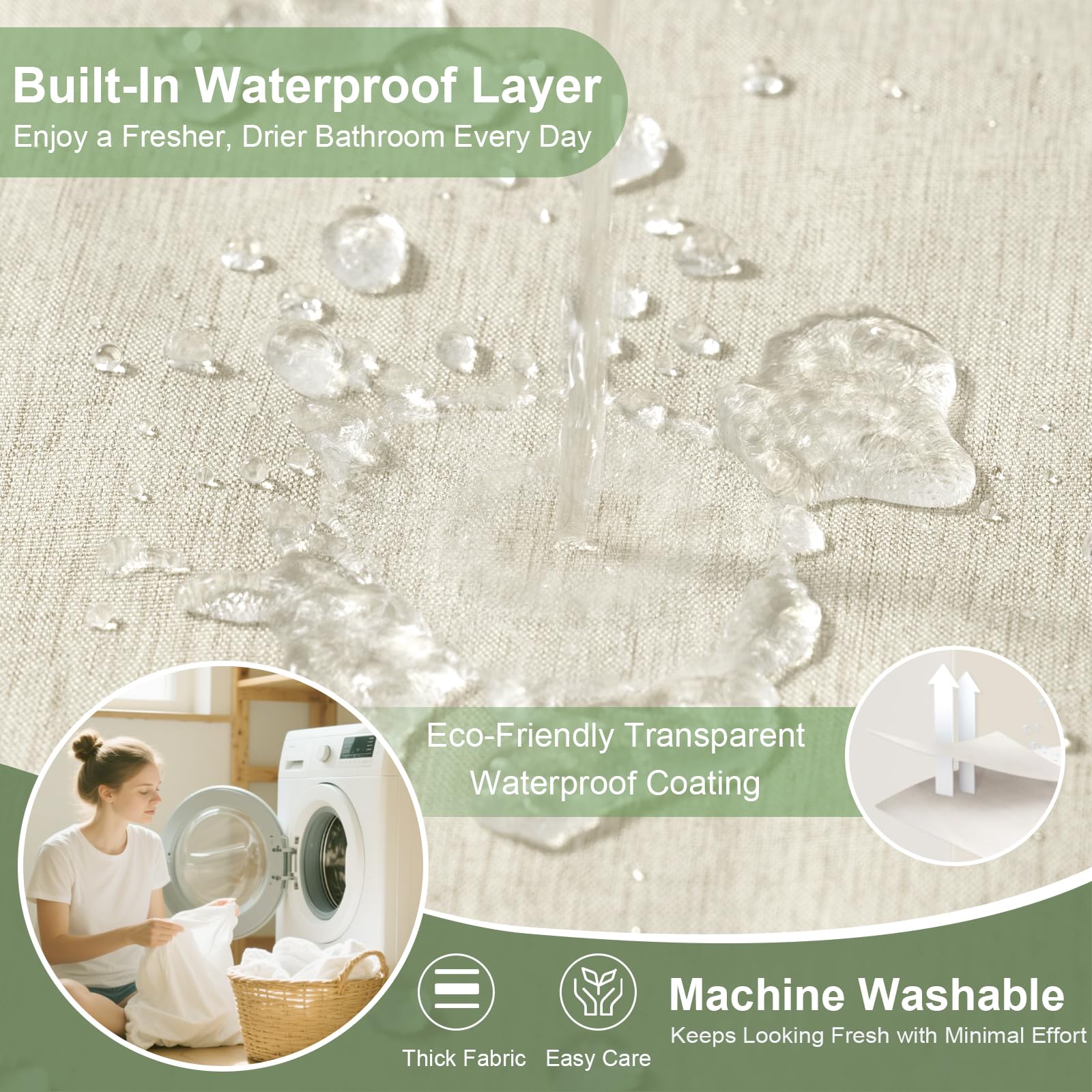 Hotel Style No Hook Rustic Linen Shower Curtain for Bathroom 230GSM Thick Fabric Texture Shower Curtains, Enhanced Waterproof, Weighted Hem