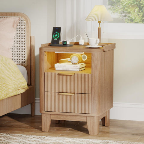 Quikraen 50cm width Bedside Table with Charging Station&Sensor LED Light