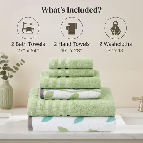 Pacific Coast Textiles 6 Pc Yarn Dyed Towel Organic Vines Sage Green, 6-Piece