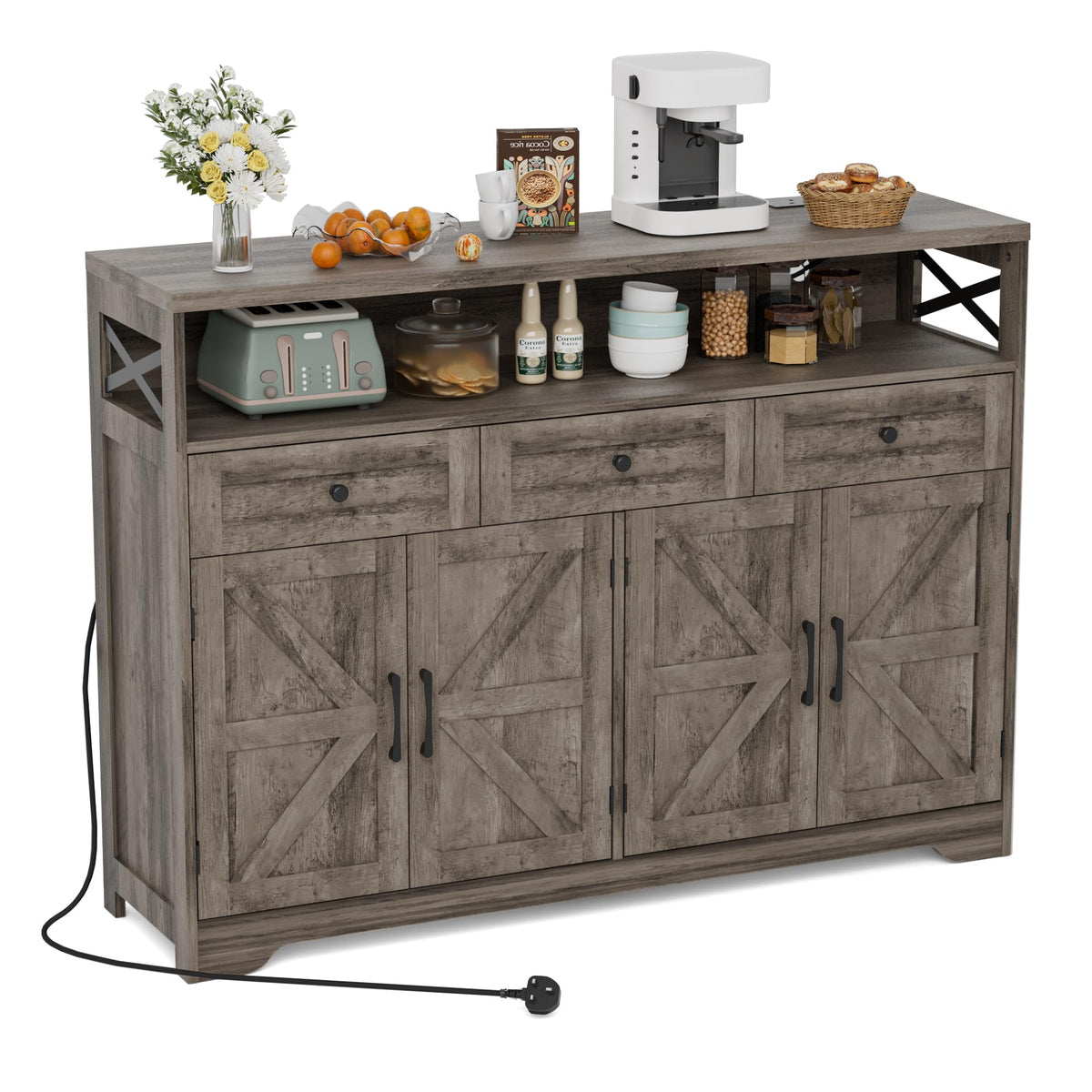 BonVache Sideboards Cabinet with Power Outlets,Wooden Storage Sideboard with Adjustable Shelf,3 Drawers and Open Shelf,Buffet Cupboard for Living