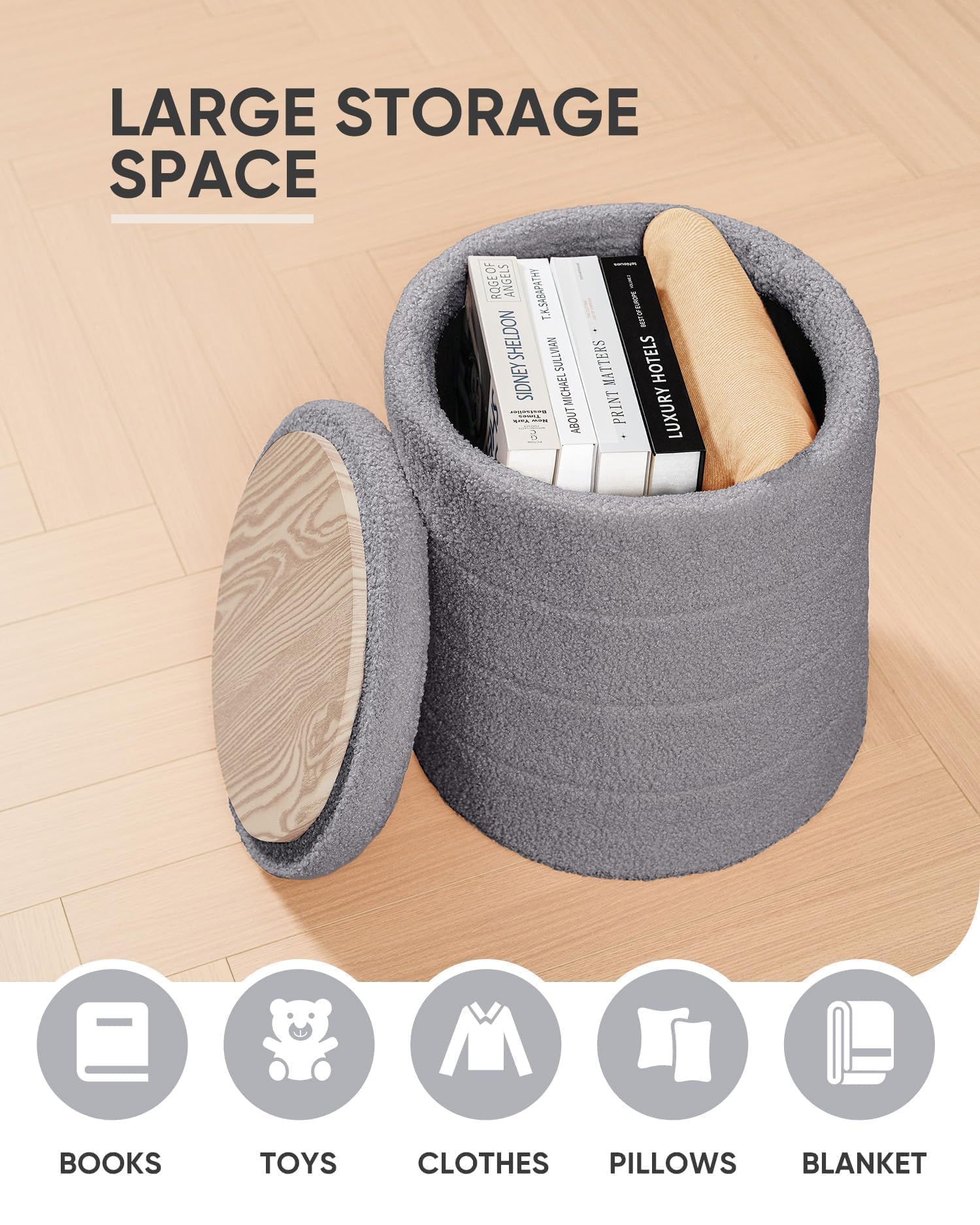 Bonlife Boucle Ottoman Storage, Foot Rest Stool Seat, Folding Footstool for Living Room, Sherpa Ottoman for Bedroom, Grey, 37x37x45 cm