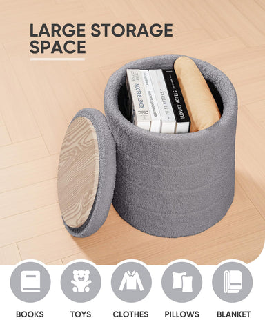 Bonlife Boucle Ottoman Storage, Foot Rest Stool Seat, Folding Footstool for Living Room, Sherpa Ottoman for Bedroom, Grey, 37x37x45 cm
