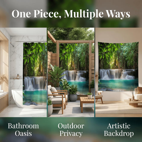 goodbath Garden Shower Curtain Outdoor Waterfalls, 3D Nature Scenery Landscape Forest Trees Bath Curtains for Bathroom Fence Wall, 180 x 180 cm