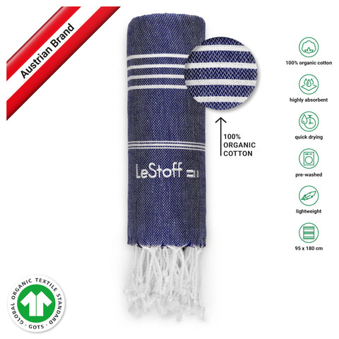 LeStoff 2 Hammam Towels/Beach Towels, 100% Organic Cotton, 95x180, Navy/Red