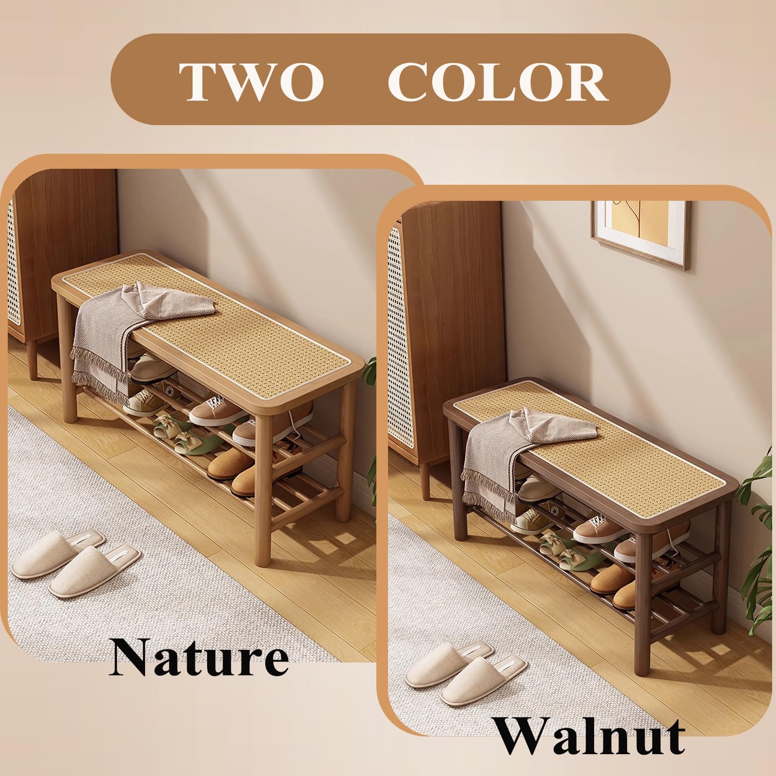 SOBIBO Bamboo Shoe Rack Bench with Rattan Seat, 3-Tier Shoe Storage Bench, Entryway Bench for Hallway Walnut-23.62 inches