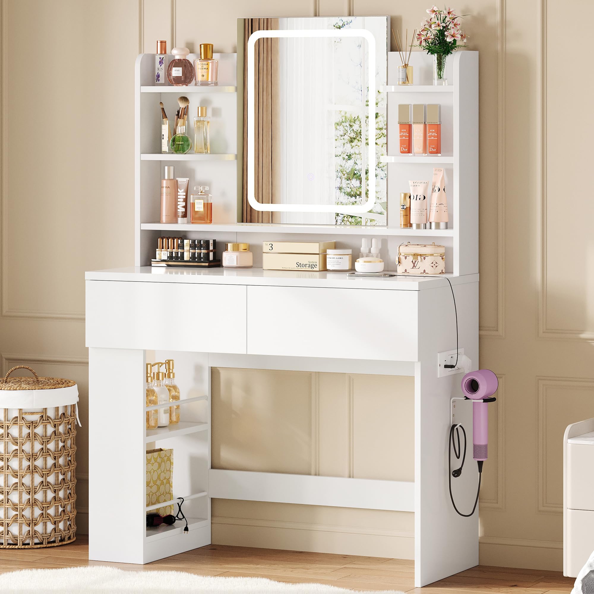 IRONCK Dressing table with LED Lights, Vanity desk with Mirror 40x90x145 cm