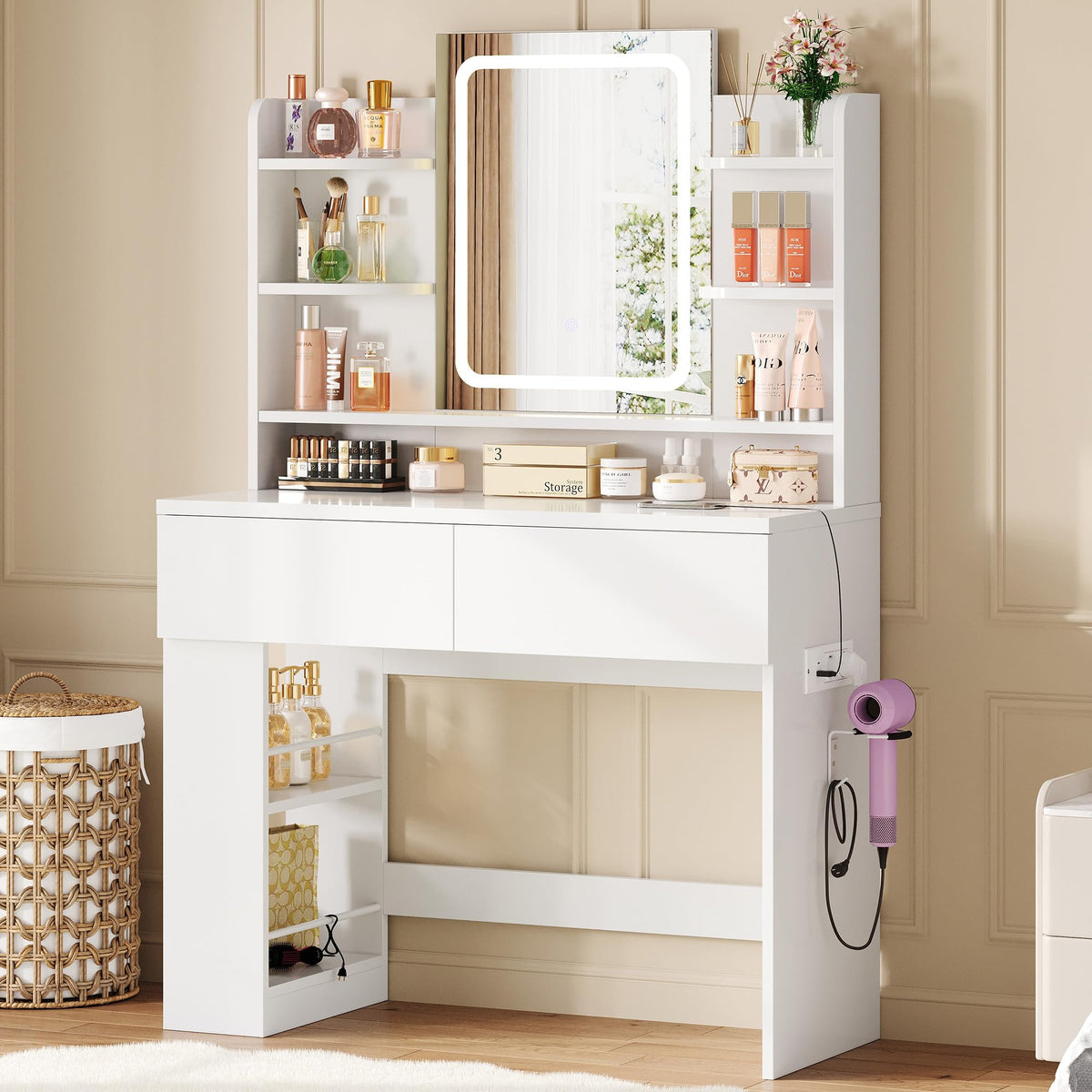 IRONCK Dressing table with LED Lights, Vanity desk with Mirror 40x90x145 cm