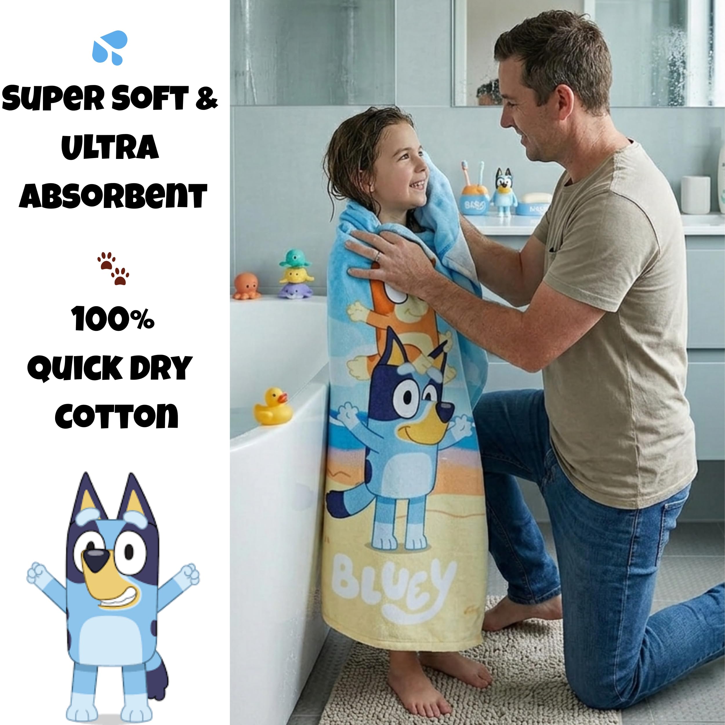 BrandMac Bluey & Bingo Beach & Bath Towel 70x140cm, 100% Cotton | Soft & Absorbent Kids Bath & Swim Towel | Official Bluey Towel | Ideal for Beach