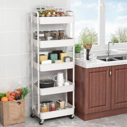 Sywhitta 5-Tier Plastic Rolling Utility Cart with Handle, Multi-Functional Storage Trolley for Office, Living Room, Kitchen