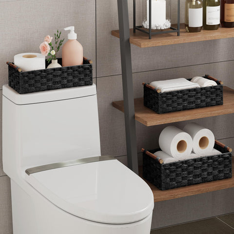 Vagusicc Wicker Storage Basket with Handle, Set of 2 Handwoven Paper Rope Storage Basket for Shelves