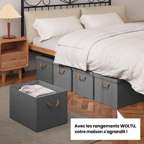 WOLTU Collapsible Storage Boxes Set of 5, Non-Woven Fabric Storage Boxes with Removable Lid, Handles, Metal Frame, 51L, Grey, 48x36x30cm
