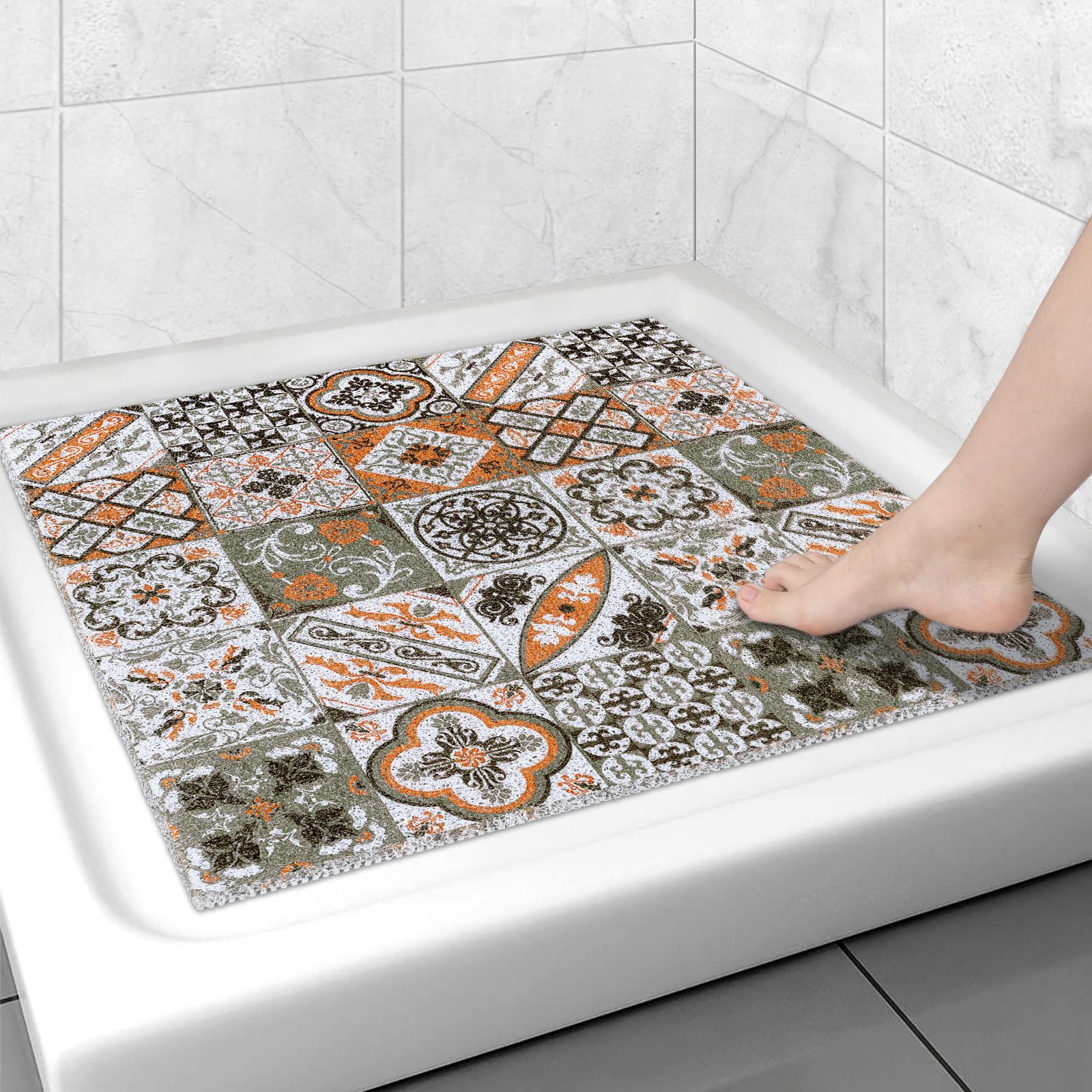 Capslpad Square Shower Mat 53x53cm-Non-Slip Anti-Mould PVC Bath Mat, Soft Quick Dry Loofah Texture with Drain Holes