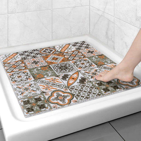Capslpad Square Shower Mat 53x53cm-Non-Slip Anti-Mould PVC Bath Mat, Soft Quick Dry Loofah Texture with Drain Holes