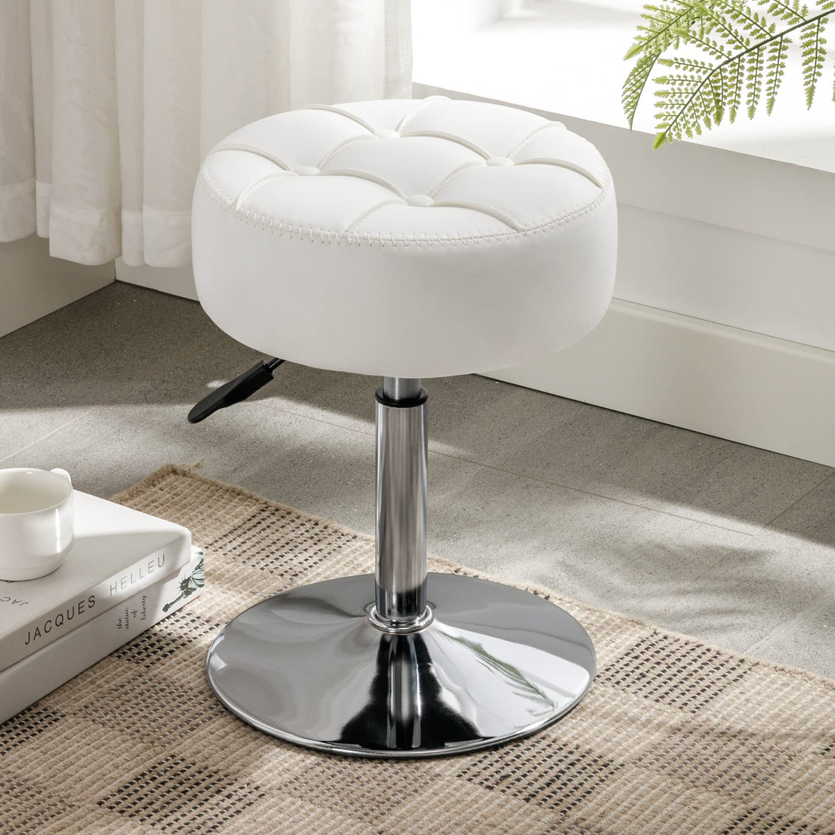 LUE BONA 360°Swivel Vanity Stool, Adjustable Dressing Table Stool, Tufted Design Faux Leather Chair for Dining Room, Living Room, White