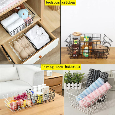 Hniuyun 6 Pack White Wire Basket, Countertop Organizer for Kitchen Cabinets, Metal Storage Baskets for Garage, Refridge, Bedroom, Bathroom, Laundry