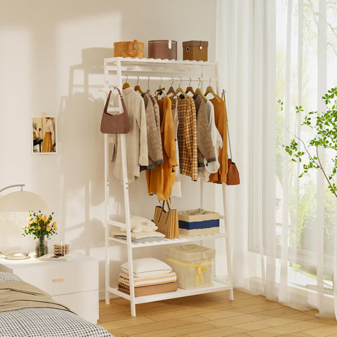 unho Bamboo Clothes Rail Rack: Free Standing Garment Rack with 3 Storage Shelves 10 Hooks Open Wardrobe Organizer for Clothes Shoes Hats Bags in