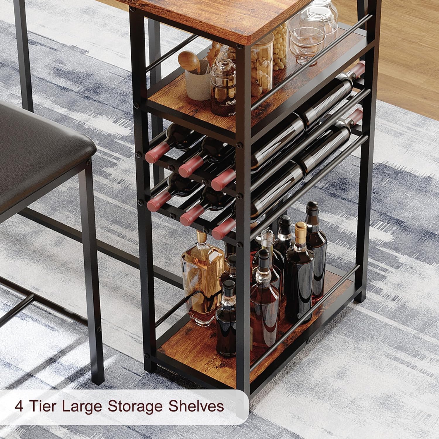 Techigher Bar Table Set, Dining Tables with 2 Upholstered Chairs, 3 Piece Counter Height Kitchen Table Set with 2-Tier Storage Shelves & 2 Wine Racks