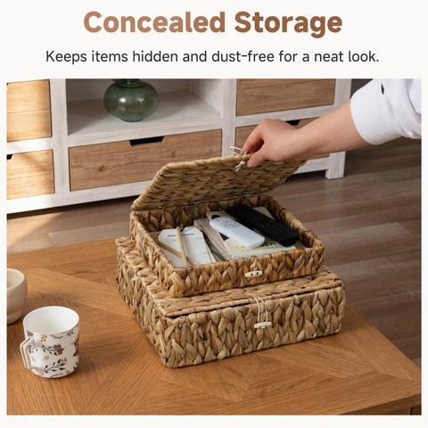 StorageWorks Wicker Storage Baskets with Lids, Flat Water Hyacinth Storage Boxes with Lids, Handmade Storage Boxes with Lids