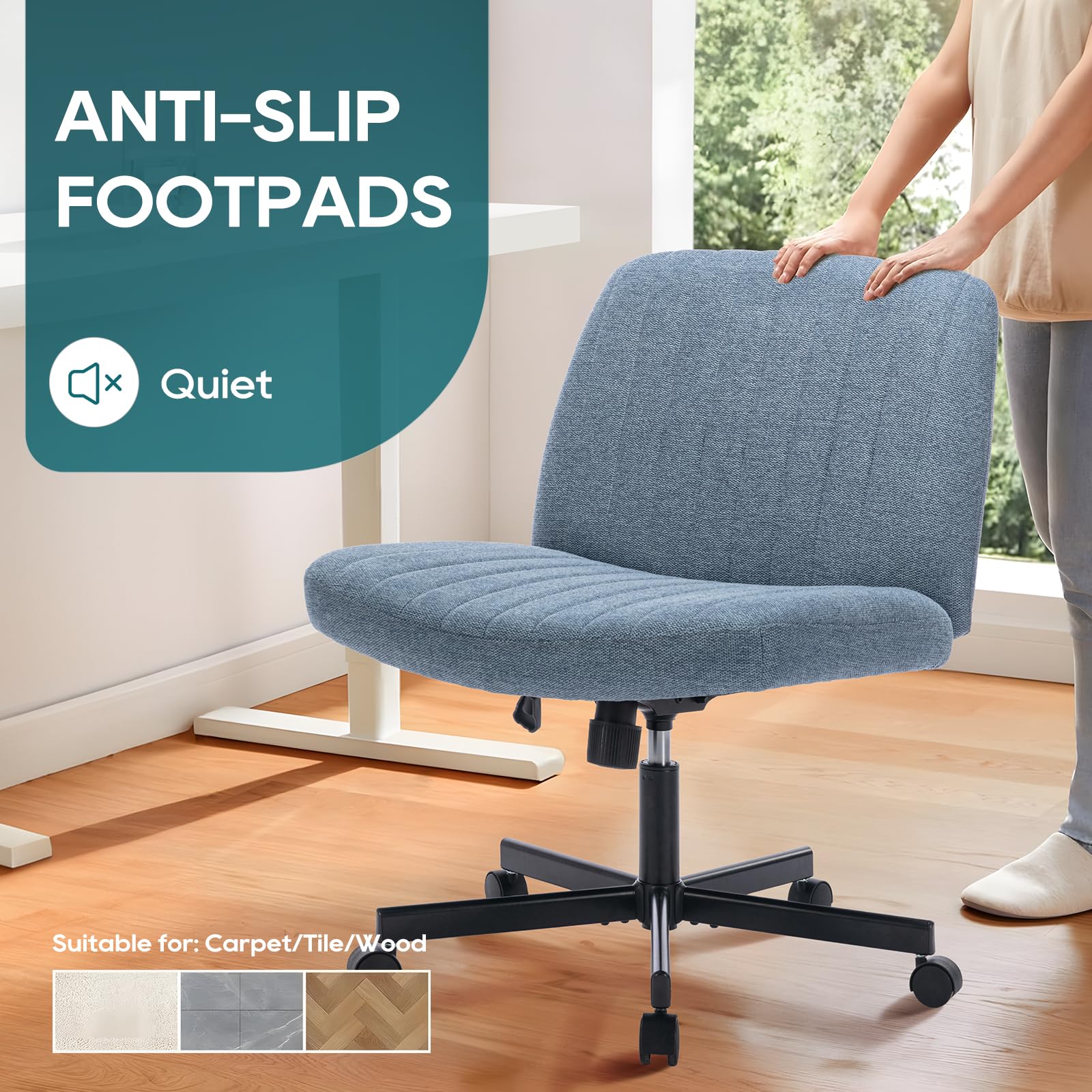 COLAMY Wide Office Chair, Padded Armless Task Vanity Chair Swivel Home Office Desk Chair 115°Rocking Mid Back Ergonomic Computer Chair for Home