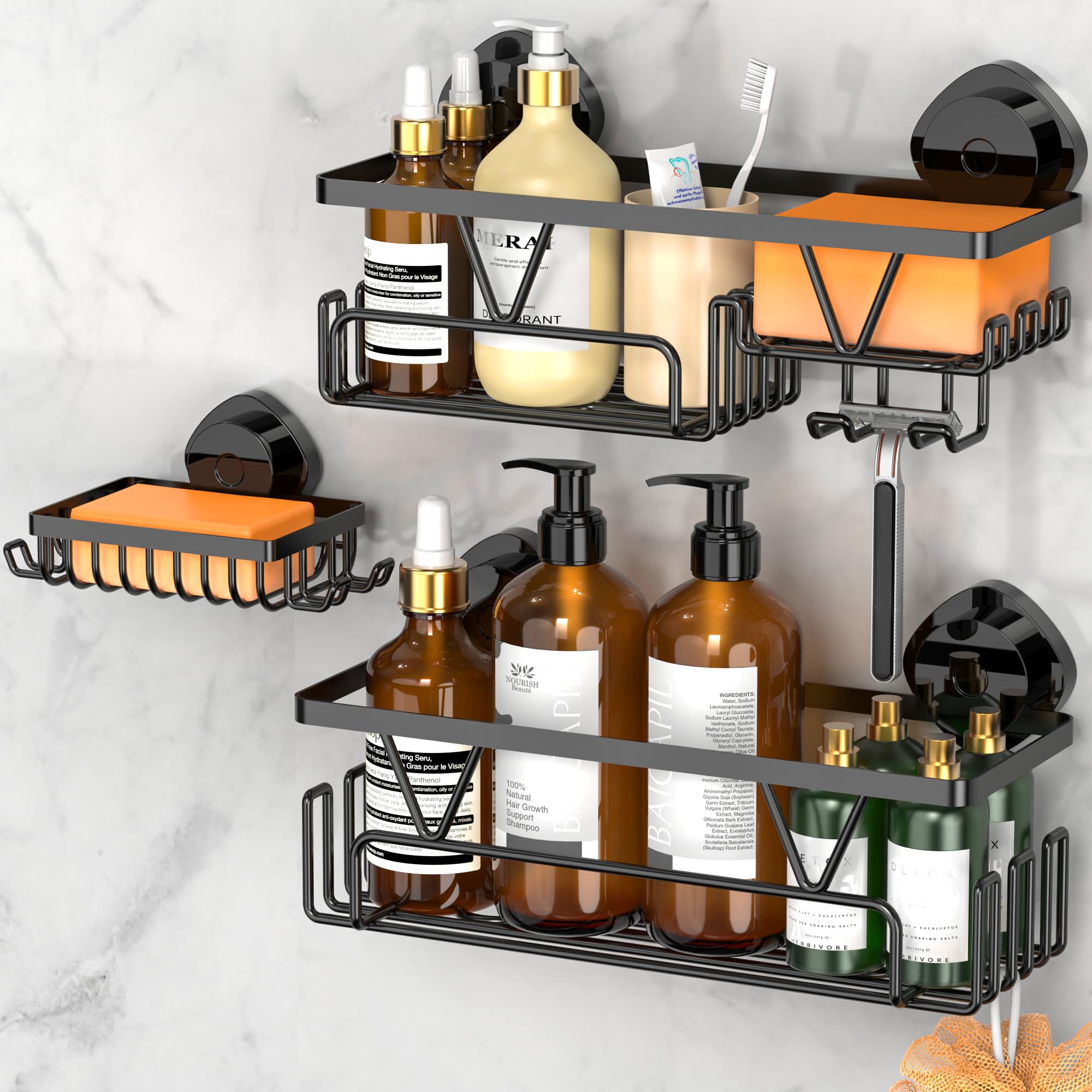 KEGII Suction Shower Caddy - Stainless Steel Shower Storage Suction Cup Black Bathroom Shelves No Drilling