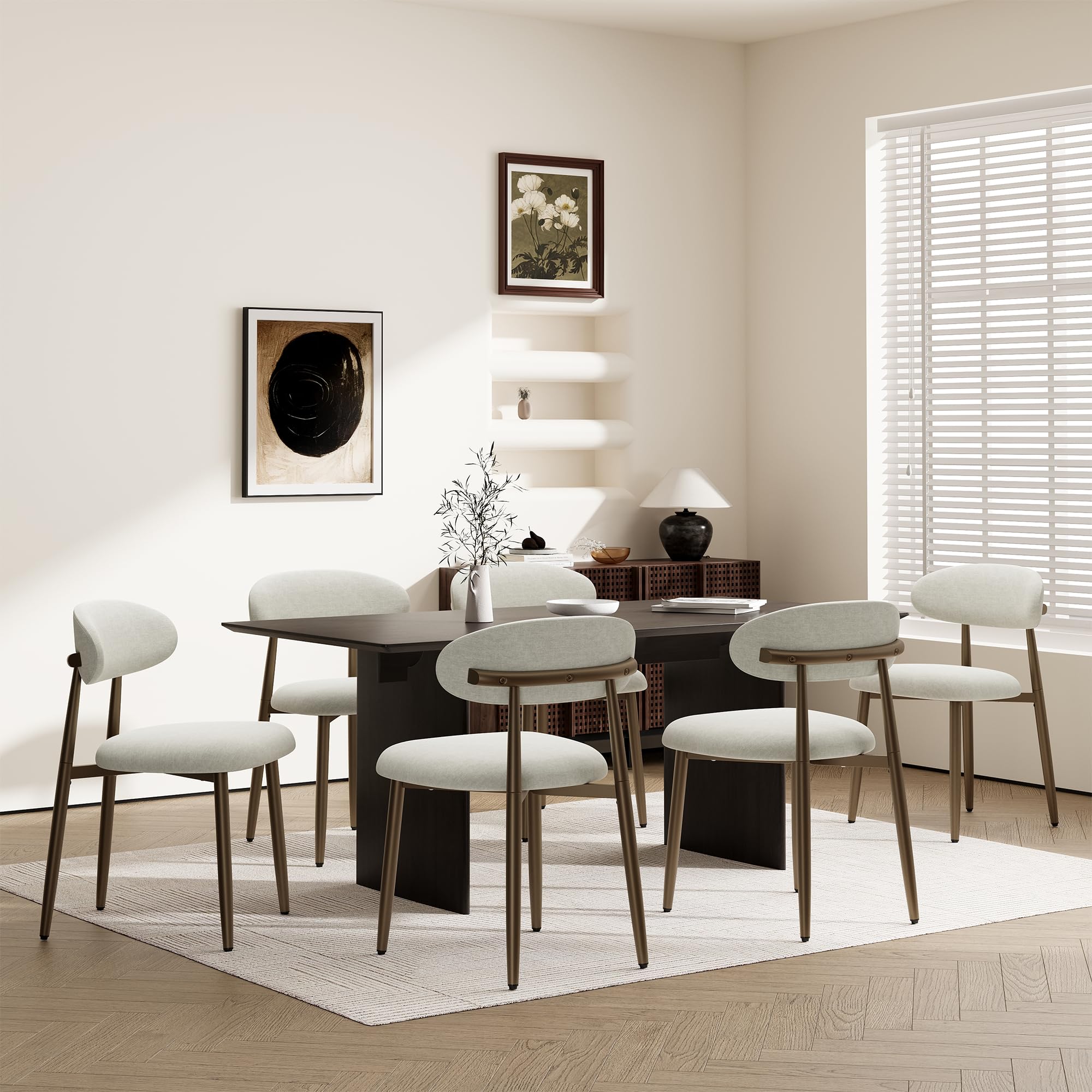Dining Chairs Set of 6, Upholstered Dining Room Chairs with Ergonomic Curved Backrest, Metal Frame Kitchen Chairs