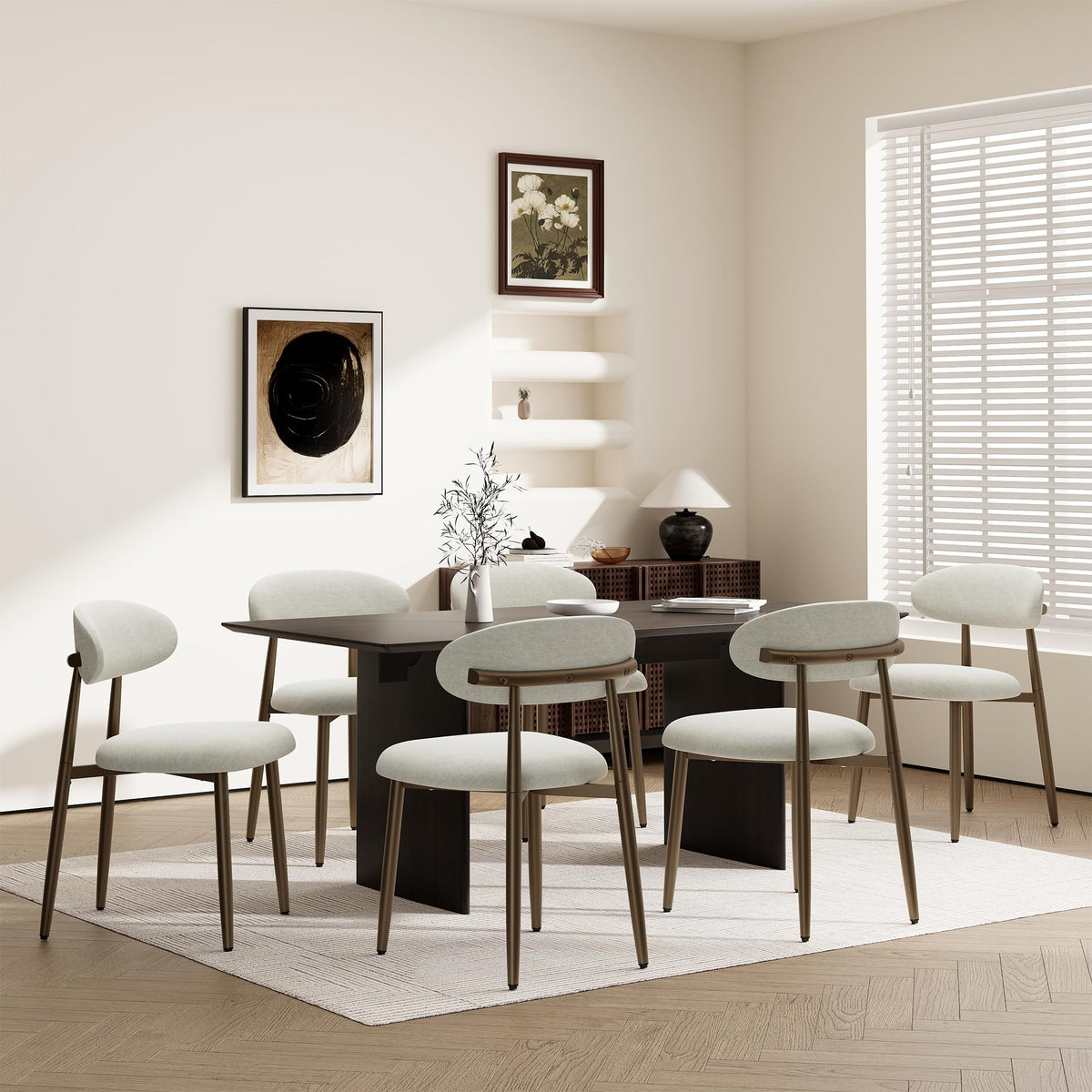Dining Chairs Set of 6, Upholstered Dining Room Chairs with Ergonomic Curved Backrest, Metal Frame Kitchen Chairs