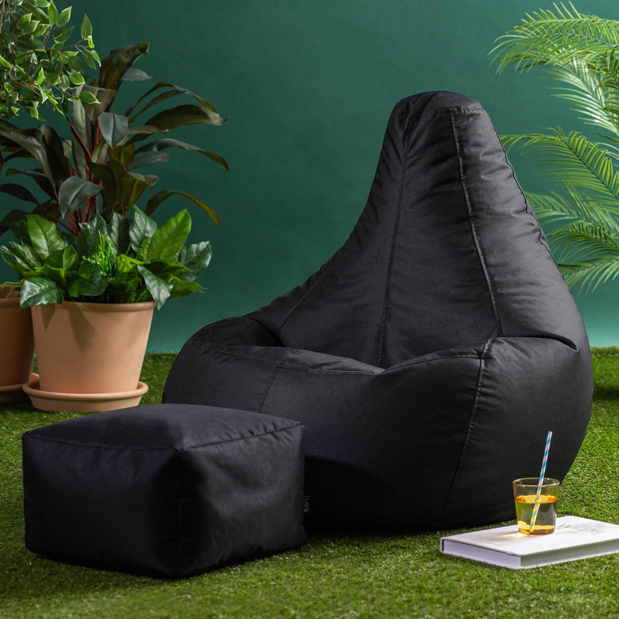Bean Bag Bazaar Outdoor Bean Bag & Footstool with Filling Included, Black