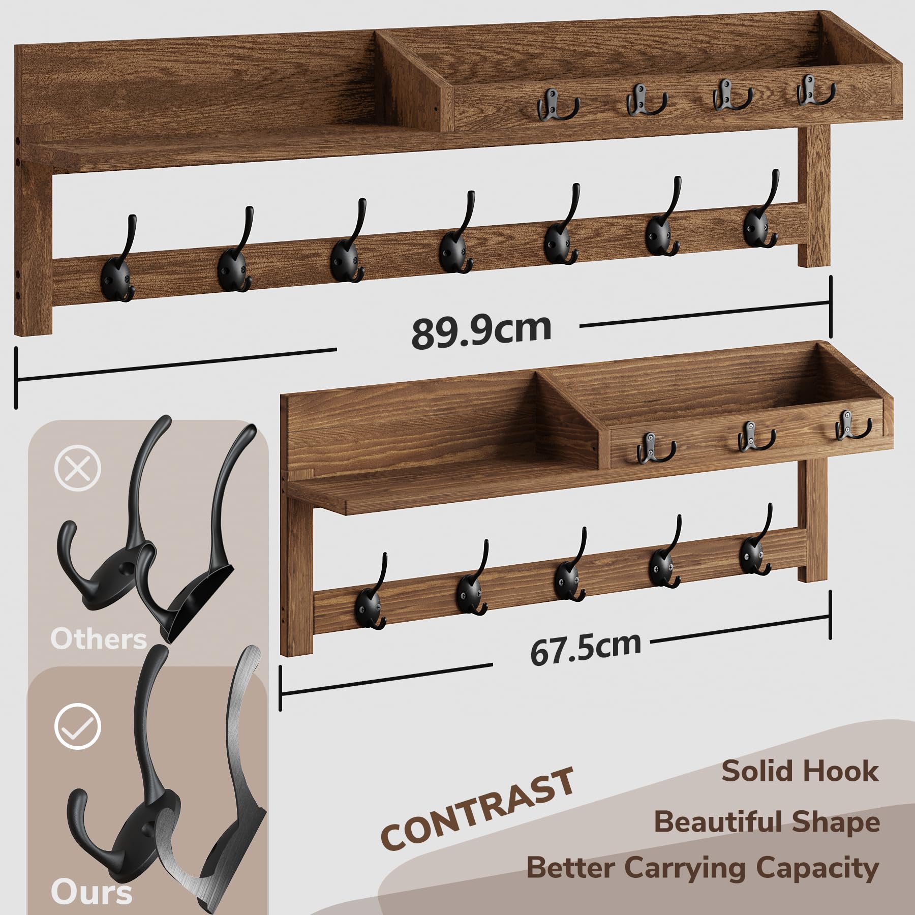 AMBIRD Wall-Mounted Coat Rack, 89cm Large Wall Hooks with Shelf, Entryway Shelf with 7 Dual Coat Hooks, Mail Organiser, Wooden Coat Hanger