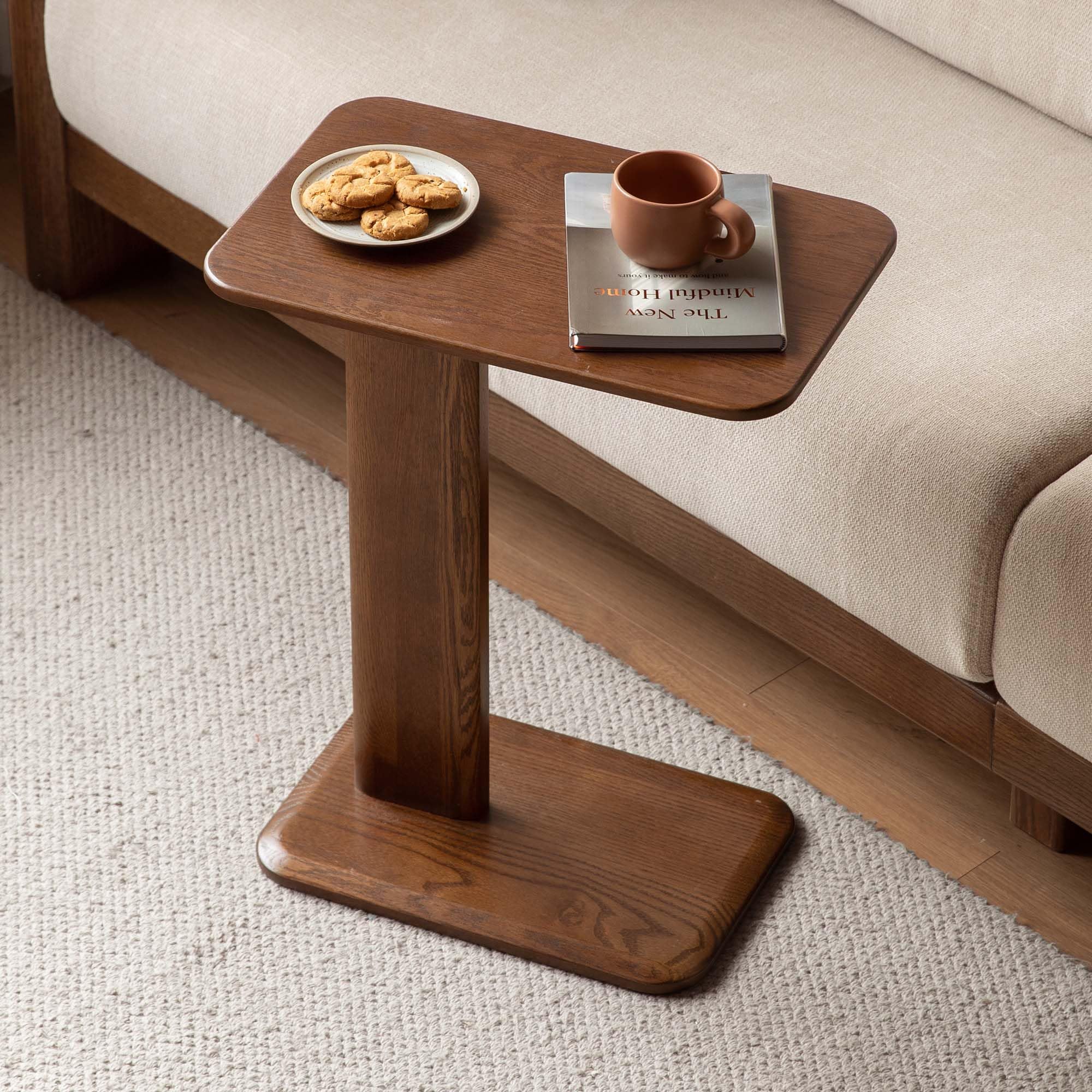 Solid Wood C Table, Oak Side Table with Walnut Finish Living Room End Table