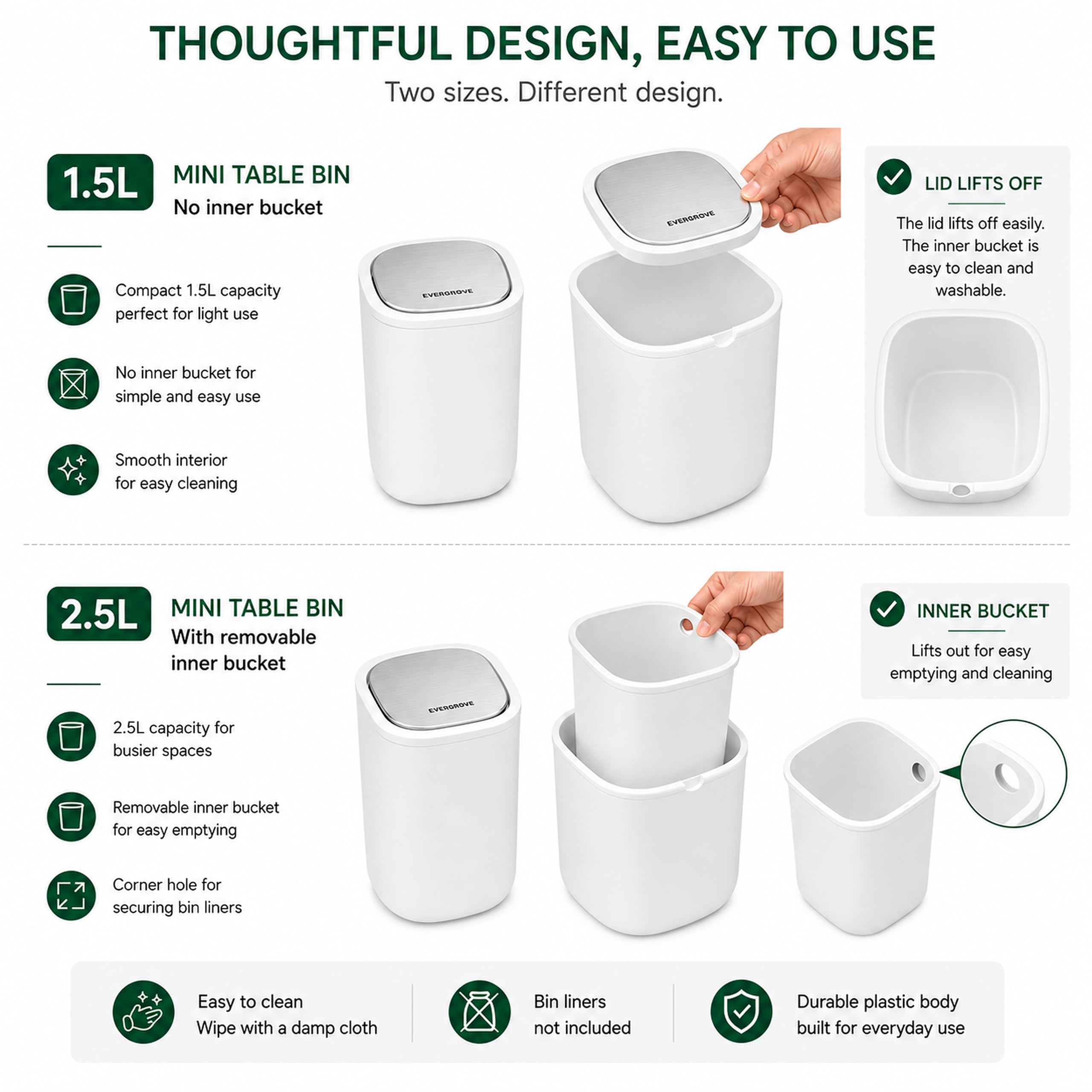 EverGrove Mini Table Bin,Desktop Trash Can (Arctic White, 1.5, Litres)