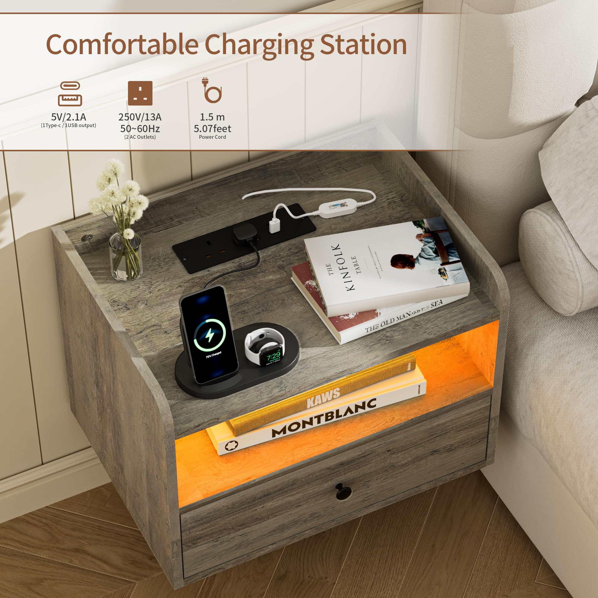 BonVache Set of 2 Floating Bedside Tables, Multi-Function Adjustable Lighting and Charging Station, Floating nightstand with Open Shelf and Drawer