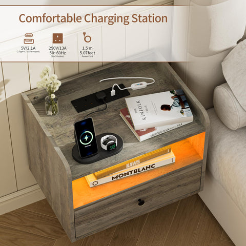 BonVache Set of 2 Floating Bedside Tables, Multi-Function Adjustable Lighting and Charging Station, Floating nightstand with Open Shelf and Drawer