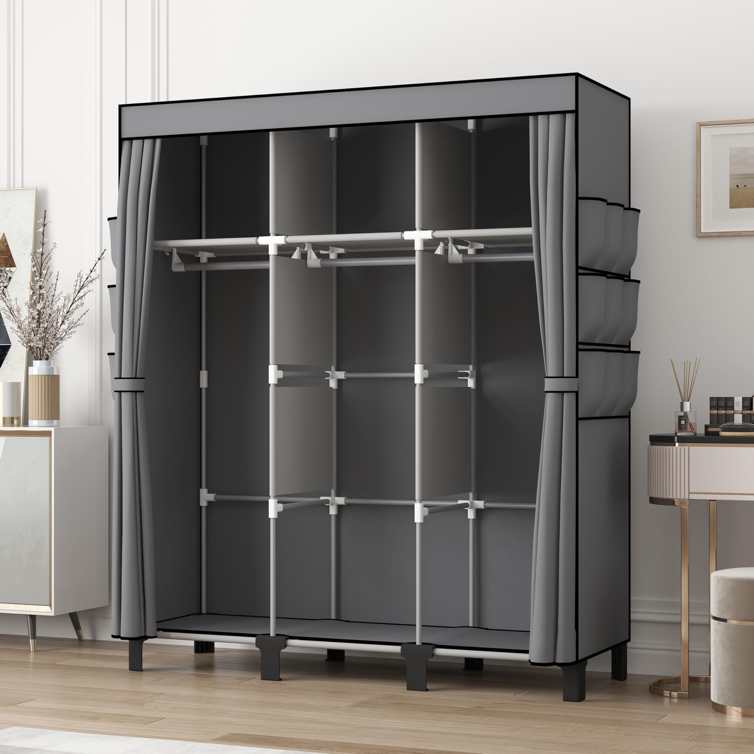 dongliangqinying Portable Fabric Wardrobe, 130x45x170cm Foldable Closet with 3 Hanging Areas and 18 Side Pockets