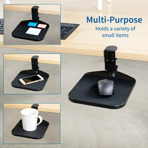 VIVO Clamp-on Mouse Pad Holder Platform, Adjustable Under Desk 360° Rotating Tray Rest Extension Attachment, up to 2 inch Desktops, Black, MOUNT-MS01A