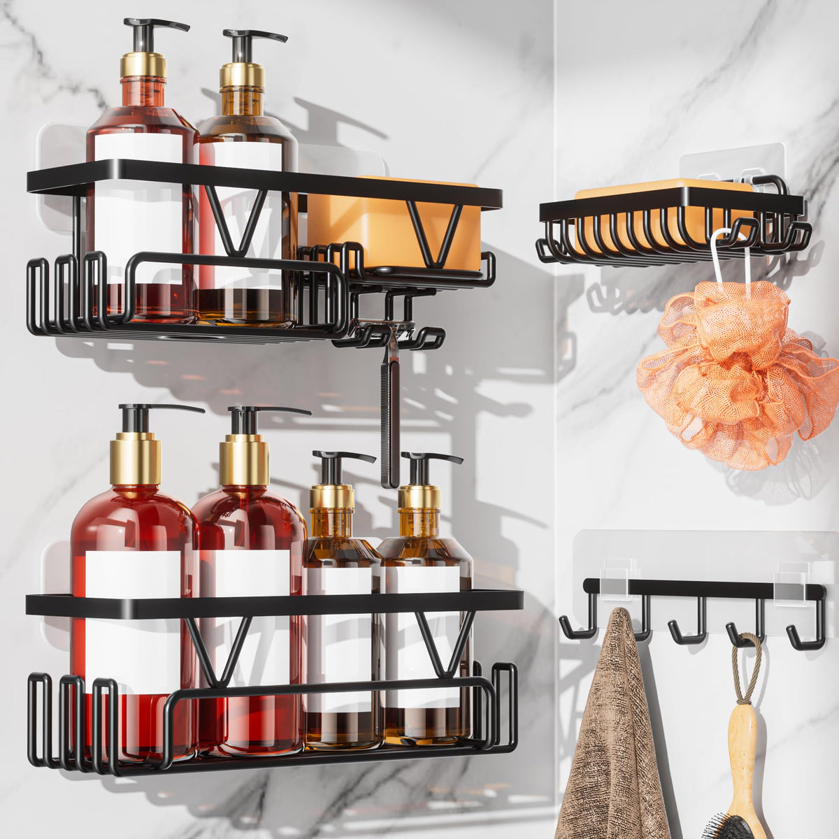 KEGII Adhesive Shower Caddy - Black Stainless Steel No Drill Shower Storage Shelves with Soap Holder & Hooks