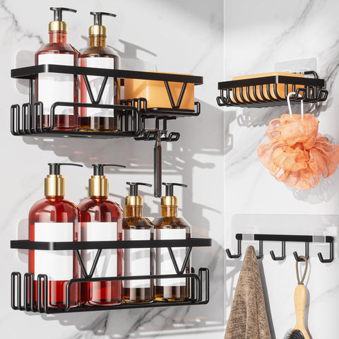 KEGII Adhesive Shower Caddy - Black Stainless Steel No Drill Shower Storage Shelves with Soap Holder & Hooks