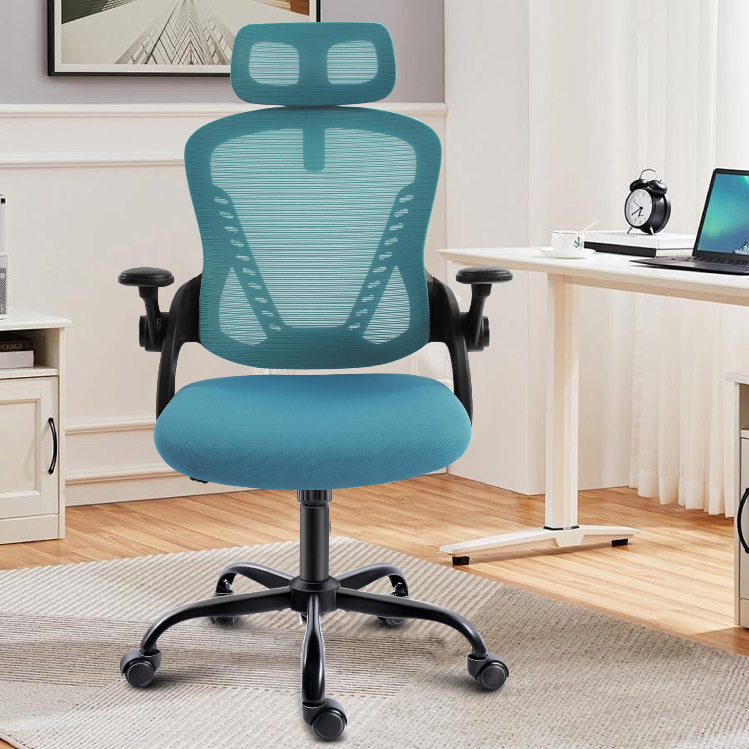 GGCIR Office Chair with Headrest,Mesh Desk Chair with Flip-up Armrests,90-120° Rocking Function,Ergonomic Computer Chairs 150KG(Blue)