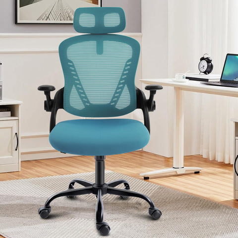 GGCIR Office Chair with Headrest,Mesh Desk Chair with Flip-up Armrests,90-120° Rocking Function,Ergonomic Computer Chairs 150KG(Blue)