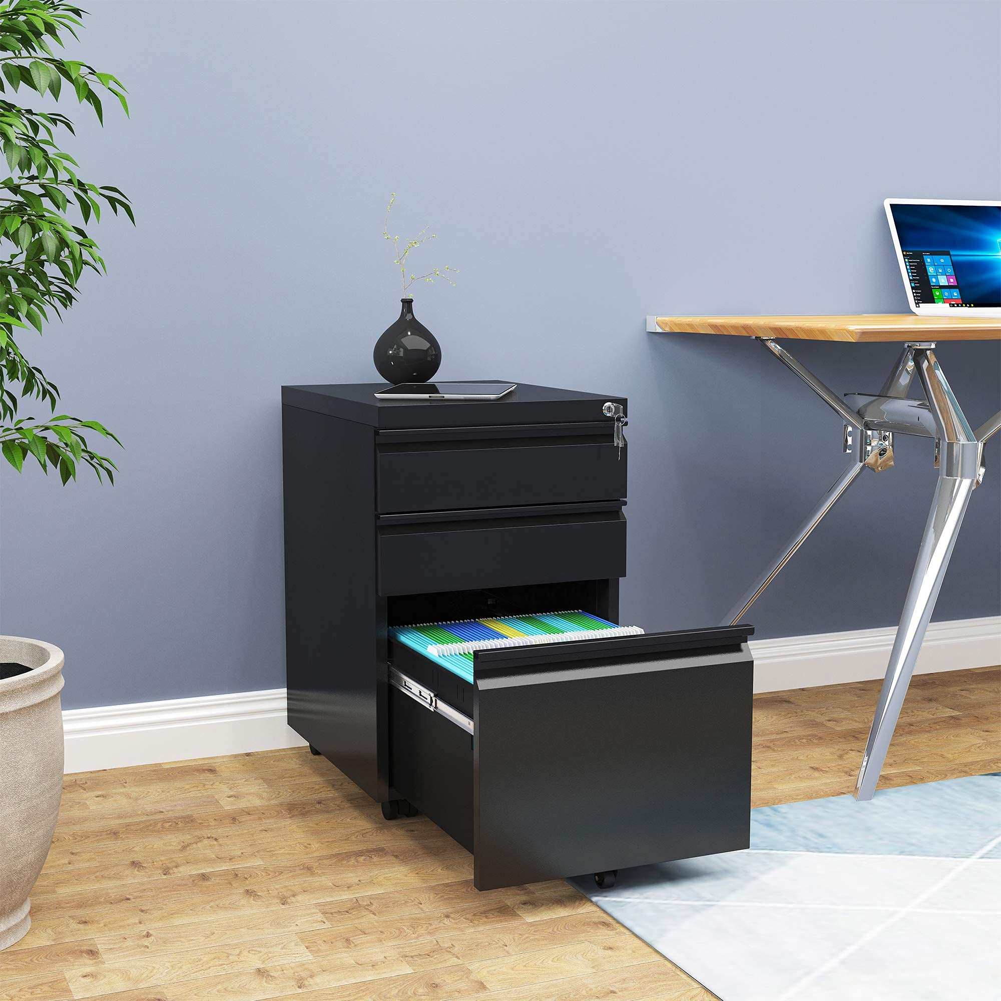 YITAHOME 3-Drawer Mobile File Cabinet with Lock, Office Storage Filing Cabinet for Legal/Letter Size
